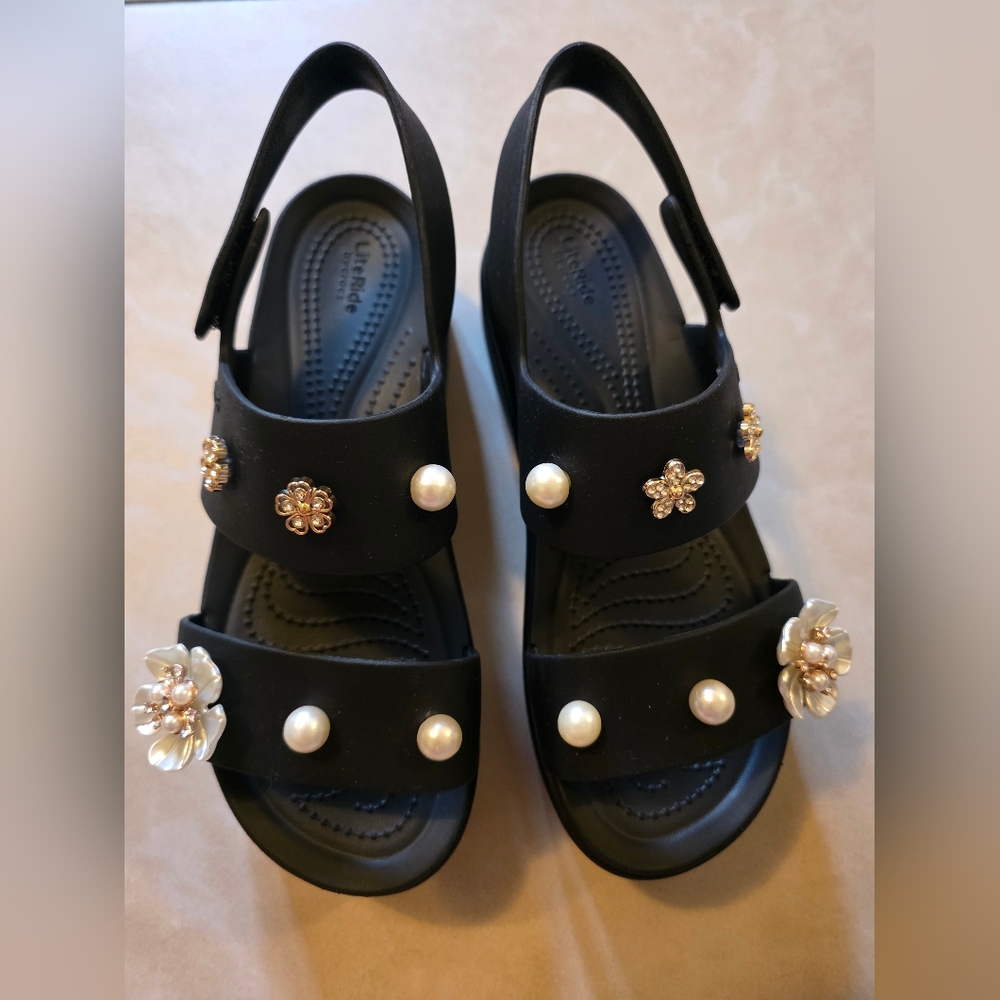 CROCS Black Sandals with Gold and Pearl Accents